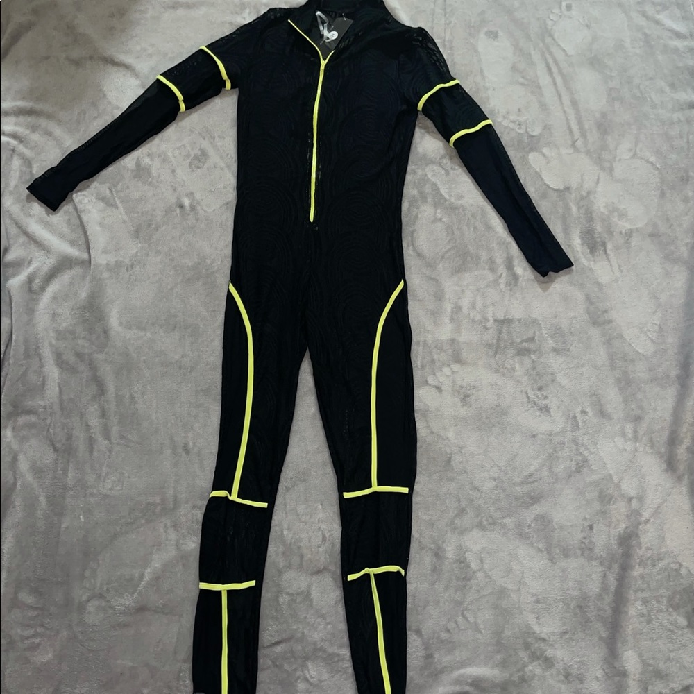 Poshbyv long sleeve black sheer & neon jumpsuit Size medium